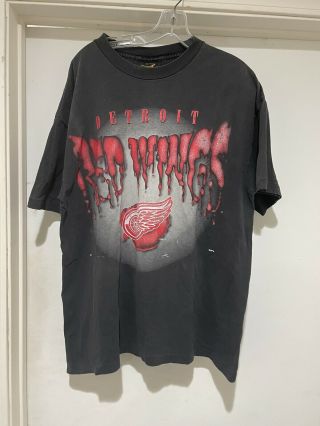 Vintage 90s Detroit Red Wings Black Faded T Shirt Nhl Rare Usa Stitch Xl Og Rap
