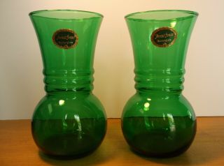 Vtg Anchor Hocking Set Of 2 Forest Green 3 - Banded Small Glass Vases With Labels