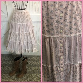 Vintage Gunne Sax Gunnies Pink Calico Cottagecore Prairie Stripe Midi Skirt