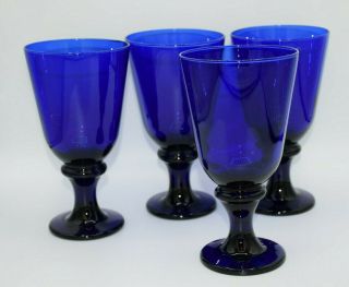 Vintage Set Of 4 Cobalt Blue Stemmed Wine Water Goblets 7 " Tall Glasses Barware