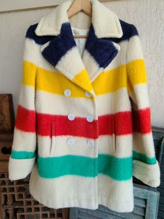 Vintage Hudson Bay Stripe Point Blanket Coat Made In England Heavy Wool Womens