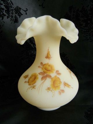 Large Vintage Fenton Satin Custard Vase Hand Painted Chocolate Roses Signed