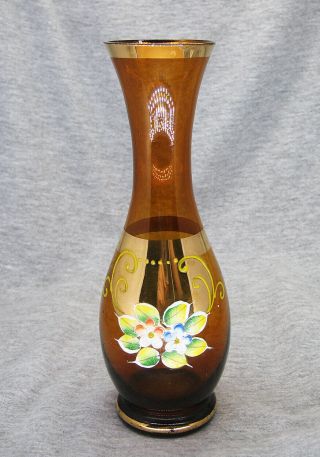 Bohemian Style Applied Enamel With Gold Brown/amber Glass Vase 7.  25 " Unbranded