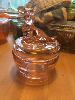 Vintage Jeannette Pink Depression Glass Scotty Dog Powder Jar Candy Dish
