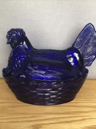 2pc Cobalt Blue Glass Hen Chicken On Nest Basket Candy Dish Covered