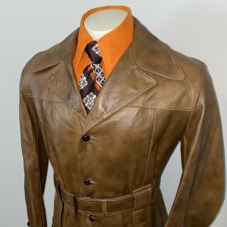 Vtg 60s 70s Reed Leather Jacket Trench Coat Disco Fight Club Medium Mens 40