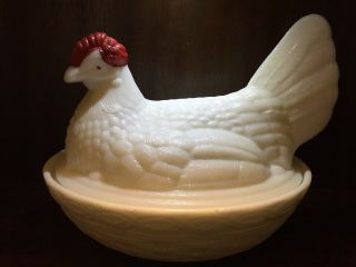 Antique Westmoreland Glass Hen On Nest - Milk Glass Covered Dish - Signed