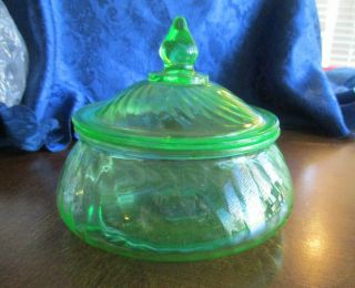 Vintage Green Vaseline Depression Glass Covered Candy Dish Swirl Pattern