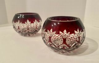 Crystal Ruby Red Cut To Clear Tea Light Votive Candle Holders Euc