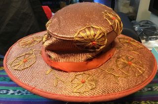 Vintage 1920’s Dark Orange Wide Brim Art Deco Antique Cloche Hat W/ Embroidery