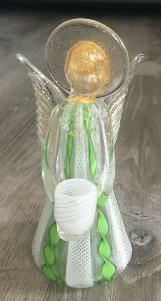 Vintage Murano Italy Art Glass Gold Fleck Angel Figurine Candle Holder Green