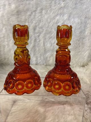 Vintage Pair L.  E.  Smith Amberina Candle Stick Holders Moon And Stars 6 " 3x