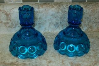 Pair L.  E.  Smith Moon And Stars 4.  5 " Candle Holders Colonial Blue