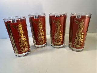 Vintage Set Of 4 Culver Red And Gold Oriental Siam Dancers Drinking Glasses