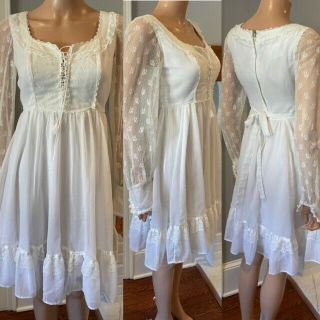 Gunne Sax Vintage Prairie Boho White Lace Up Cotton Dress Sz Xs