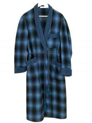 Vintage 70s Onkaparinga Pure Wool Blue Checked Full Length Robe Tie Waist Unisex