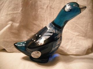 Fenton Art Glass Hand Painted & Signed D.  Fredrick Christmas Duck Cobalt Blue