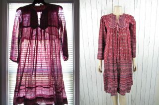 Vintage 70s Sheer India Metallic Gauze Quilted Boho Dress Block Print Large L