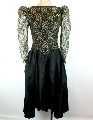 Vintage 80s Prom Dress Black Gold Lace Bows Party Puffy Sleeve Drop Waist Sz S/m