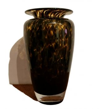 Vintage Hand Blown Art Glass Amber Brown Leopard Tortoise Shell Vase