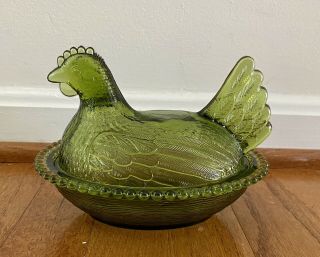 Vintage Indiana Glass Green Hen Rooster On Nest Covered Candy Nut Dish