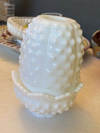 Vintage Fenton White Milk Glass Hobnail Fairy Lamp Candle Holder