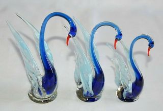 Vintage Set Of 3 Murano Glass Blue Tones Swans.  C 1950 