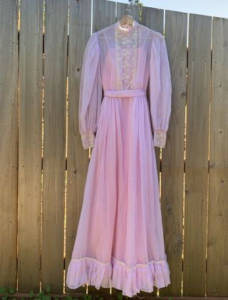 Vintage 70s Gunne Sax Style Prairie Dress Cotton Candy Pink Lace Waist 24”