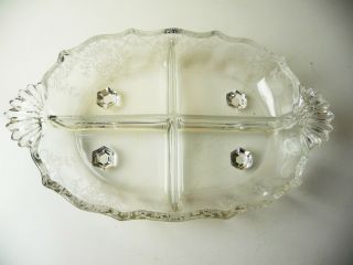 Antique Fostoria Corsage 4 - Part Divided Relish Dish Footed W/ Handles 12 "