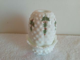 Fenton Hobnail Fairy Lamp White Milk Glass Hand Painted Holly Berries Votive