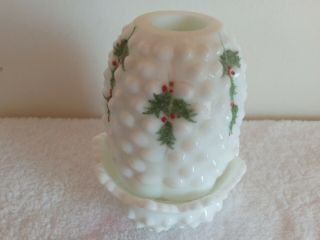 Fenton Hobnail Fairy Lamp White Milk Glass Hand Painted Holly Berries Votive 2