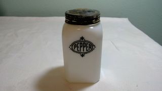 Vintage Hazel - Atlas White Milk Glass Range Pepper Shaker Black Print & Lid Good