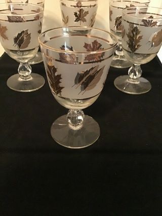 6 Vintage Mcm Libbey Gold Leaf Frosted Stemmed Glasses Water Wine Goblets