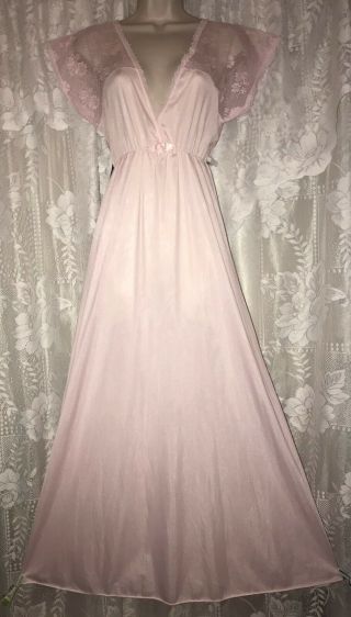 Vtg L Silky Soft Pink Nylon Nightgown Negligee Gown W Inset Fancy Floral Lace