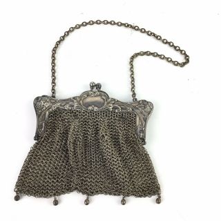 Antique Victorian German Silver Mesh Chainmail Handbag Purse Art Nouveau 5” X 5”