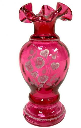 Fenton Vintage Cranberry Glass Hand Painted Roses Vase Crimped Top 6.  5 " Signed