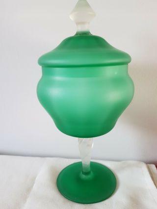 Vintage Art Deco Frosted Green Glass Pedestal Trinket / Bon Bon Dish With Lid