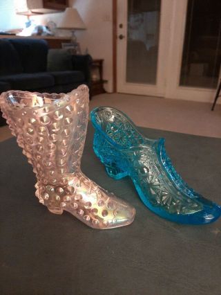 Fenton Glass Pink Iridescent Hobnail Boot & Blue Shoe