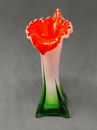 Vintage Hand Blown Red,  White And Green Floral Murano Calla Vase