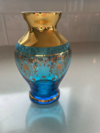 Vintage Vecchia Murano Glass Vase Aqua/l Blue 24 Kt.  Gold Vr Hallmark 4.  5 "