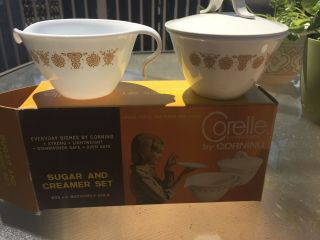 Pyrex Corning Corelle Butterfly Gold Sugar And Creamer Set With Lid Usa