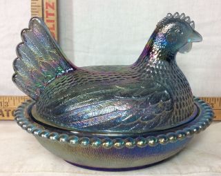 Vintage Indiana Carnival Glass Blue Hen Chicken On Nest Covered Dish Basket
