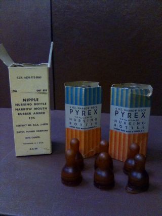 2 Vintage Pyrex Nursing Bottle,  4 Oz.  Narrow Neck,  With Nipples