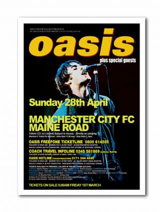 Oasis - Concert Poster Maine Rd Manchester City Fc Sun 28 April 1996 A3 Size