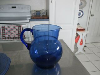 Vintage Cobalt Blue Glass Water Pitcher Applied Handle 7 1/2 " Tall Mexico