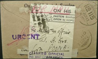 India 1942 Official Censored Military Airmail Cover Sent To Poona - See