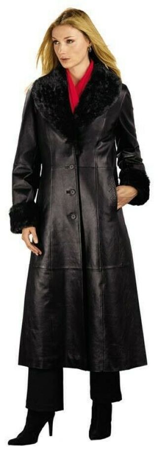 Vtg Black Suede Leather Long Walking Coat W/ Faux Fur Collar,  Cuffs & Lining Sm