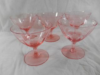 5 Vintage Pink Depression Glass Sherbet Stems Ribbed Panel Optic W Floral Etch