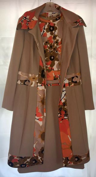 Vintage 1960 - 70’s Lilli Ann Knit Tan & Orange Dress & Coat Set Size 12
