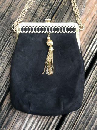Vintage Triangle Black Suede Handbag Purse Bag Clutch Gold Tassel Chain 70s 80s